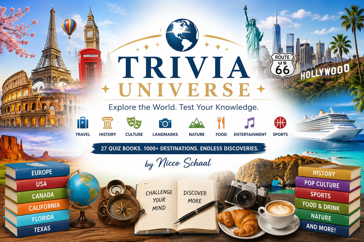 Travel & Trivia by Nicco Schaal Book cover images for Travel and Trivia by Nicco Schaal. Discover dedicated quiz websites featuring previews, sample questions, fun facts, and mini quizzes; learn about bulk orders for schools, clubs, and events; and explore a featured Trivia Universe ques